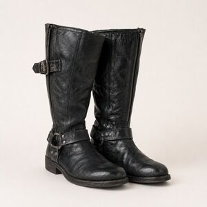 Frye Biker Core Harness Tall Boots Womens 6 Black Leather Moto Gorpcore Grunge